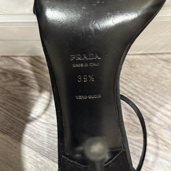 Prada Black Strappy Satin Logo Heels - Picture 5 of 7
